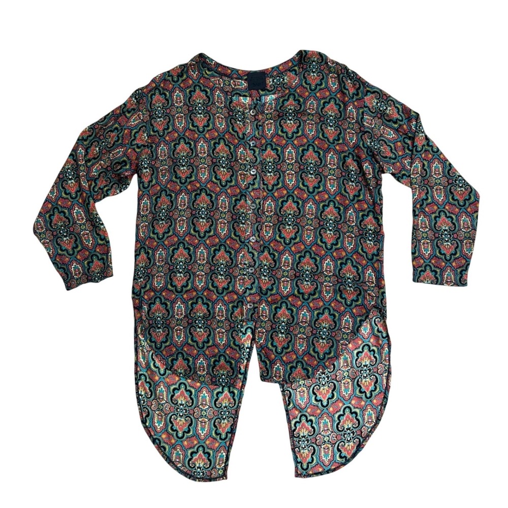 Anna Sui Vintage Boho Paisley‎ Print High Low Split Hem Blouse Multicolor Medium
